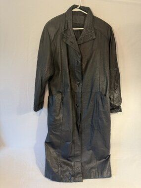 Vtg Jacqueline Ferrar Black Leather Duster Coat 1X